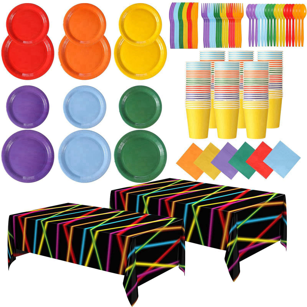 Oudain 206 Pcs Neon Glow Birthday Party Decorations Serve 24, Glow in The Dark Party Supplies 2 Tablecloths 7'' 9'' Plat