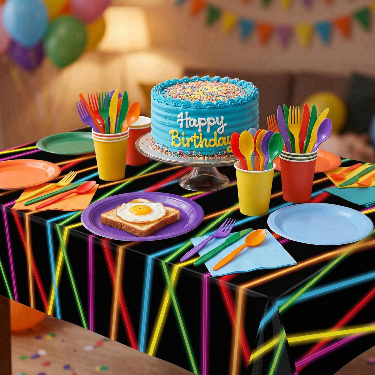 Oudain 206 Pcs Neon Glow Birthday Party Decorations Serve 24, Glow in The Dark Party Supplies 2 Tablecloths 7'' 9'' Plat