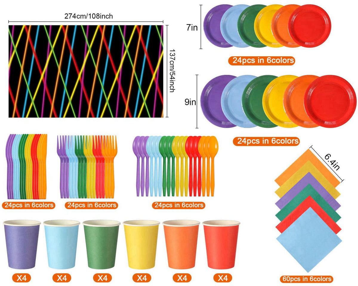 Oudain 206 Pcs Neon Glow Birthday Party Decorations Serve 24, Glow in The Dark Party Supplies 2 Tablecloths 7'' 9'' Plat