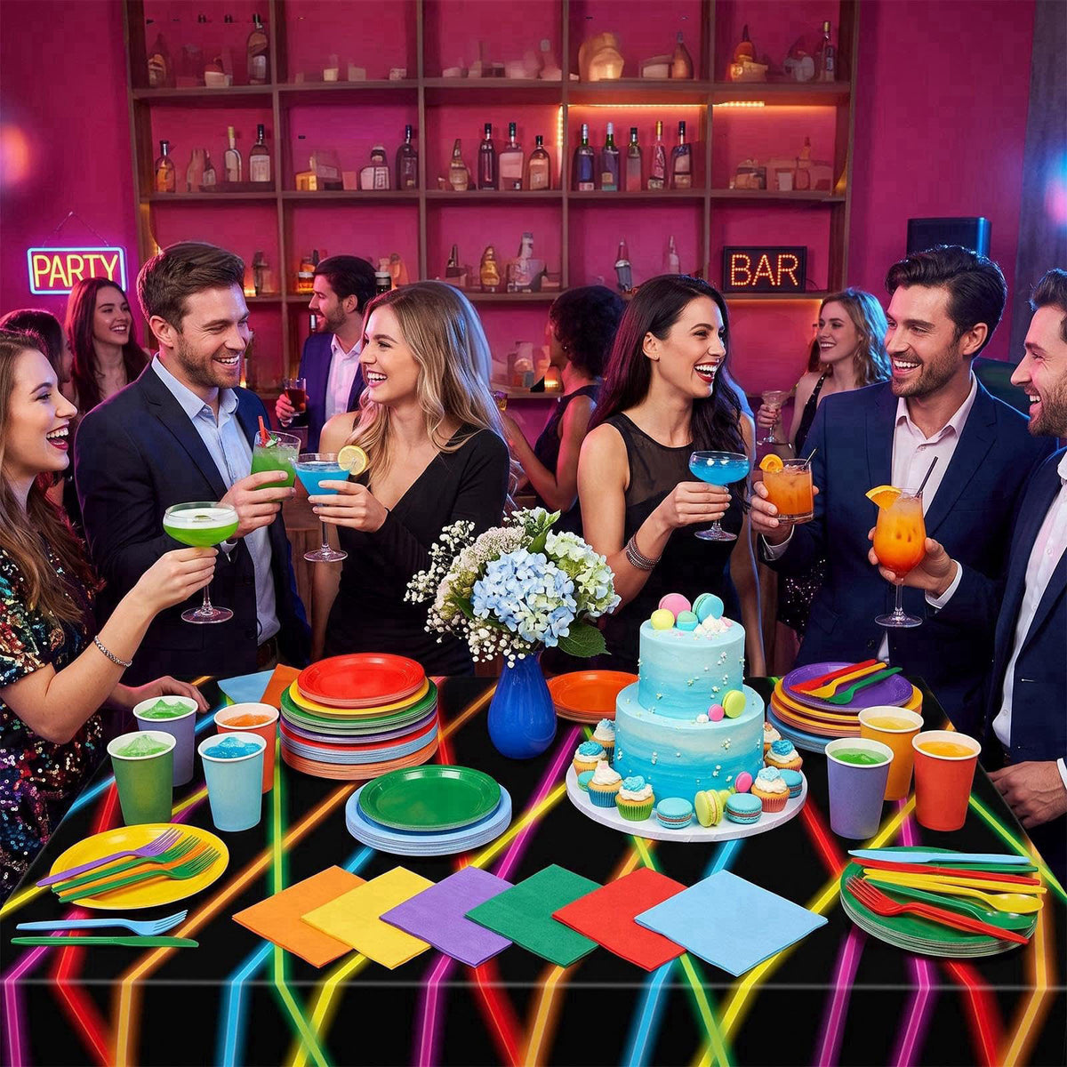 Oudain 206 Pcs Neon Glow Birthday Party Decorations Serve 24, Glow in The Dark Party Supplies 2 Tablecloths 7'' 9'' Plat