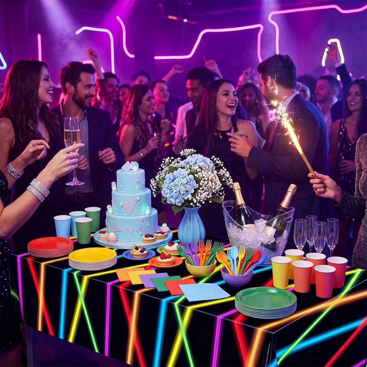 Oudain 206 Pcs Neon Glow Birthday Party Decorations Serve 24, Glow in The Dark Party Supplies 2 Tablecloths 7'' 9'' Plat