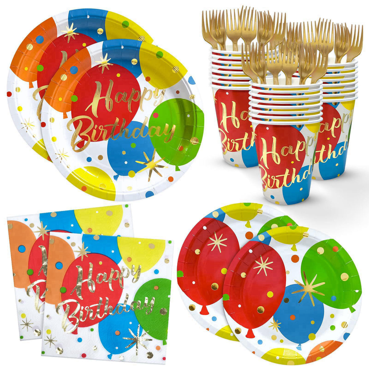 ZVK Balloon Birthday Paper Plates Napkins and Cups, Foks Gold Foil Happy Birthday Disposable Party Dinnerware Decoration