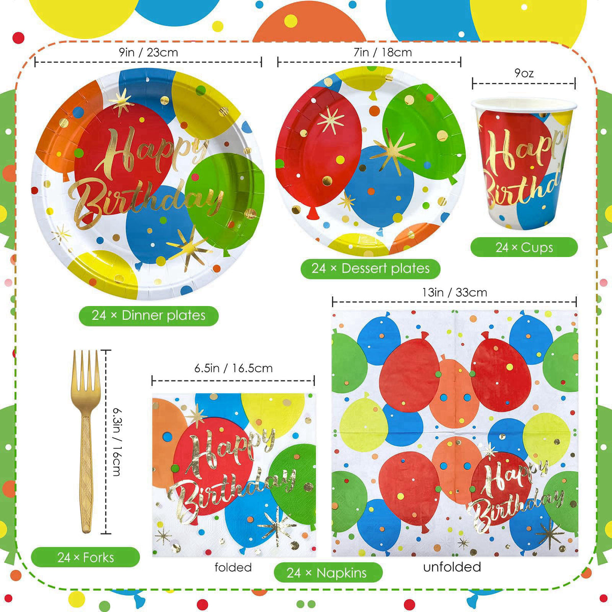 ZVK Balloon Birthday Paper Plates Napkins and Cups, Foks Gold Foil Happy Birthday Disposable Party Dinnerware Decoration