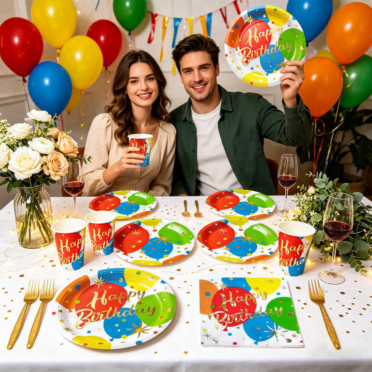 ZVK Balloon Birthday Paper Plates Napkins and Cups, Foks Gold Foil Happy Birthday Disposable Party Dinnerware Decoration