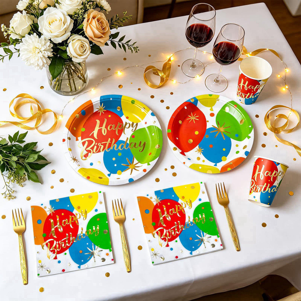 ZVK Balloon Birthday Paper Plates Napkins and Cups, Foks Gold Foil Happy Birthday Disposable Party Dinnerware Decoration