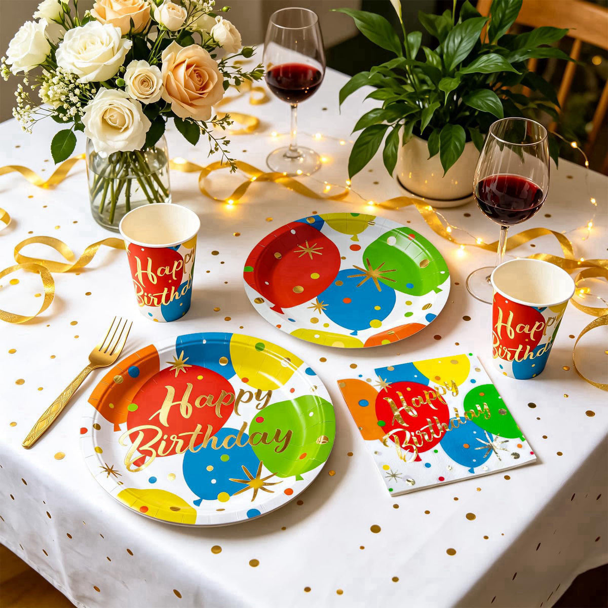 ZVK Balloon Birthday Paper Plates Napkins and Cups, Foks Gold Foil Happy Birthday Disposable Party Dinnerware Decoration