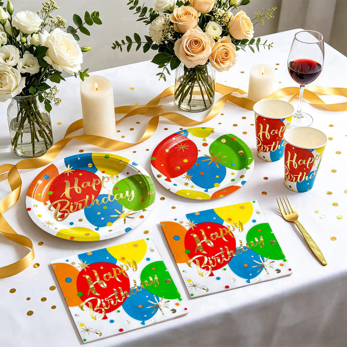 ZVK Balloon Birthday Paper Plates Napkins and Cups, Foks Gold Foil Happy Birthday Disposable Party Dinnerware Decoration