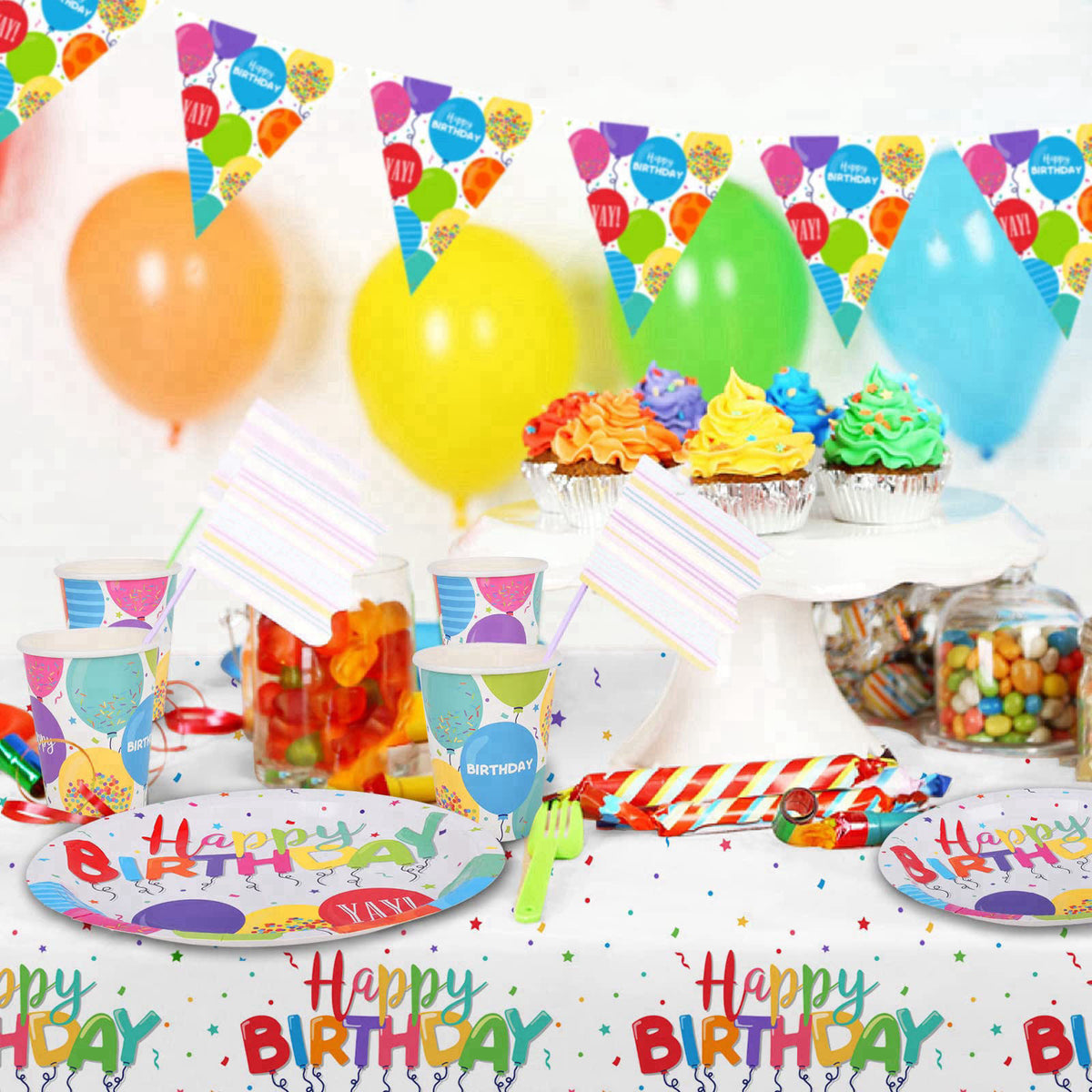 Gatherfun Birthday Party Supplies Disposable Paper Plates Napkins Cups Tablecloth and Banner for Kid’s Birthday Party De