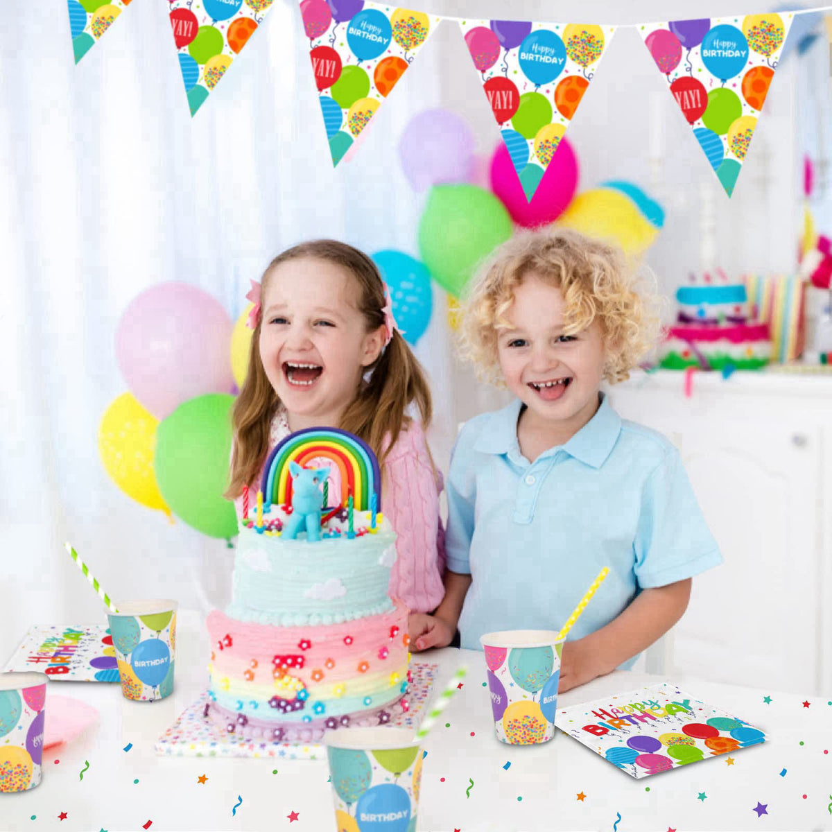 Gatherfun Birthday Party Supplies Disposable Paper Plates Napkins Cups Tablecloth and Banner for Kid’s Birthday Party De