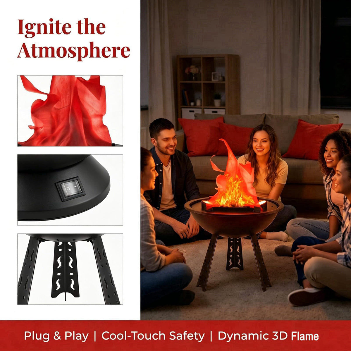 WVIOUOPU 3D LED Fake Fire Lamp - 110V Electric Artificial Campfire Table Lamp – full view