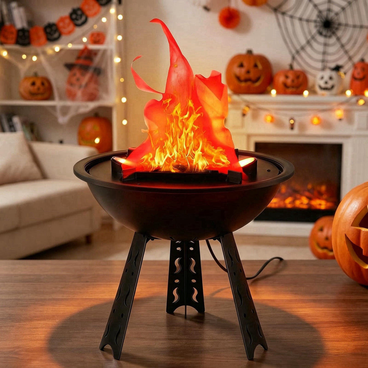 WVIOUOPU 3D LED Fake Fire Lamp - 110V Electric Artificial Campfire Table Lamp – back view and specifications