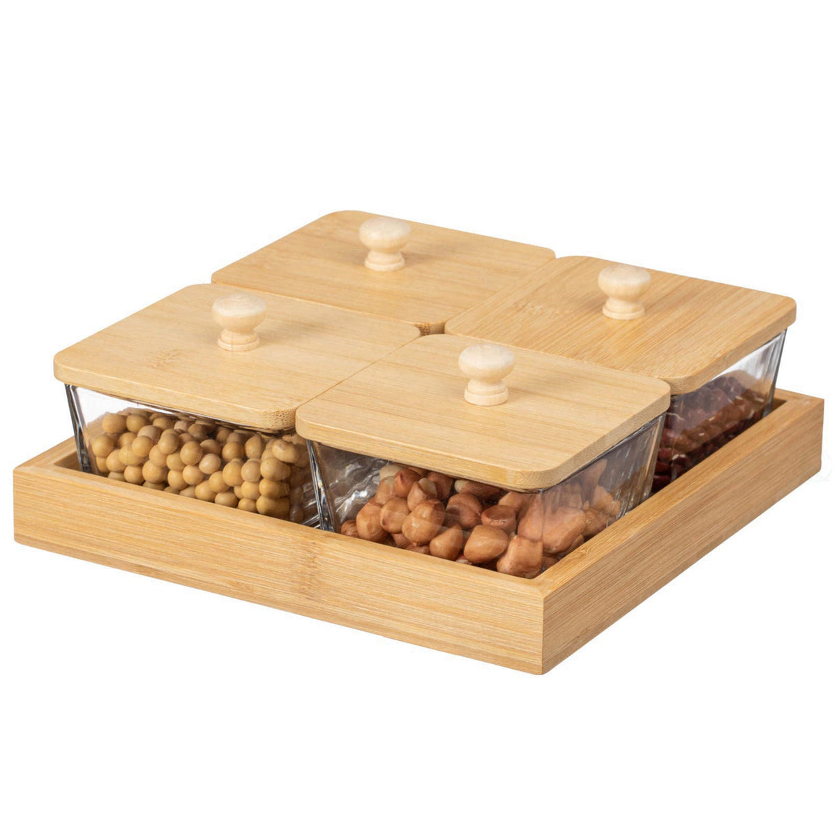 Basicwise Set of 4 Square Glass Jars with Bamboo Lids and Wooden Tray – Square Charcuterie, Snack Organizer and Fruit Pl