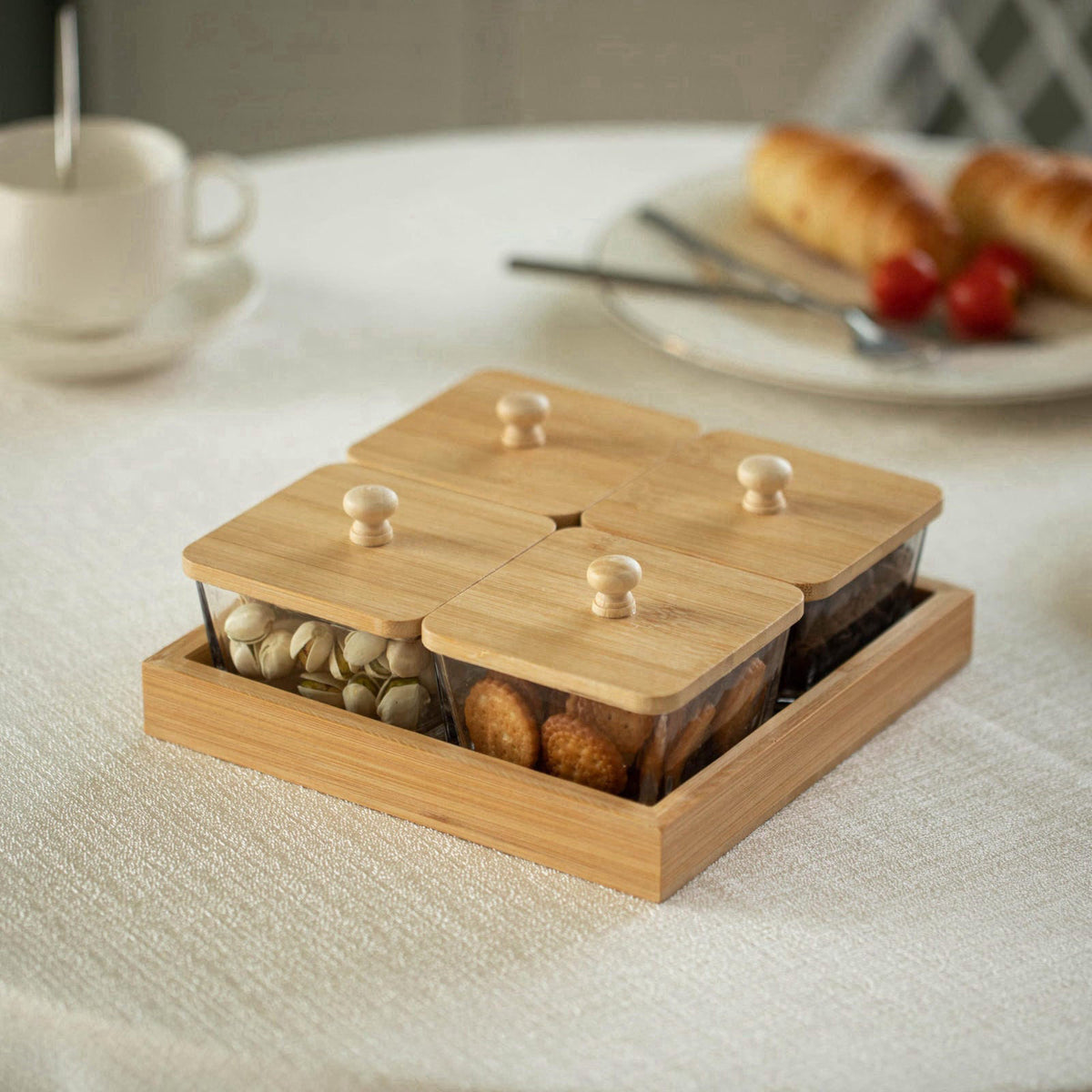 Basicwise Set of 4 Square Glass Jars with Bamboo Lids and Wooden Tray – Square Charcuterie, Snack Organizer and Fruit Pl
