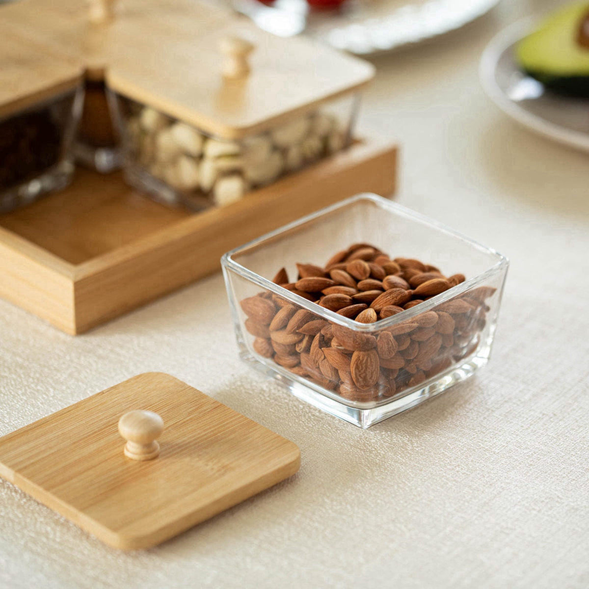 Basicwise Set of 4 Square Glass Jars with Bamboo Lids and Wooden Tray – Square Charcuterie, Snack Organizer and Fruit Pl
