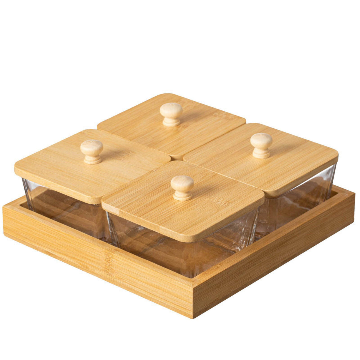 Basicwise Set of 4 Square Glass Jars with Bamboo Lids and Wooden Tray – Square Charcuterie, Snack Organizer and Fruit Pl