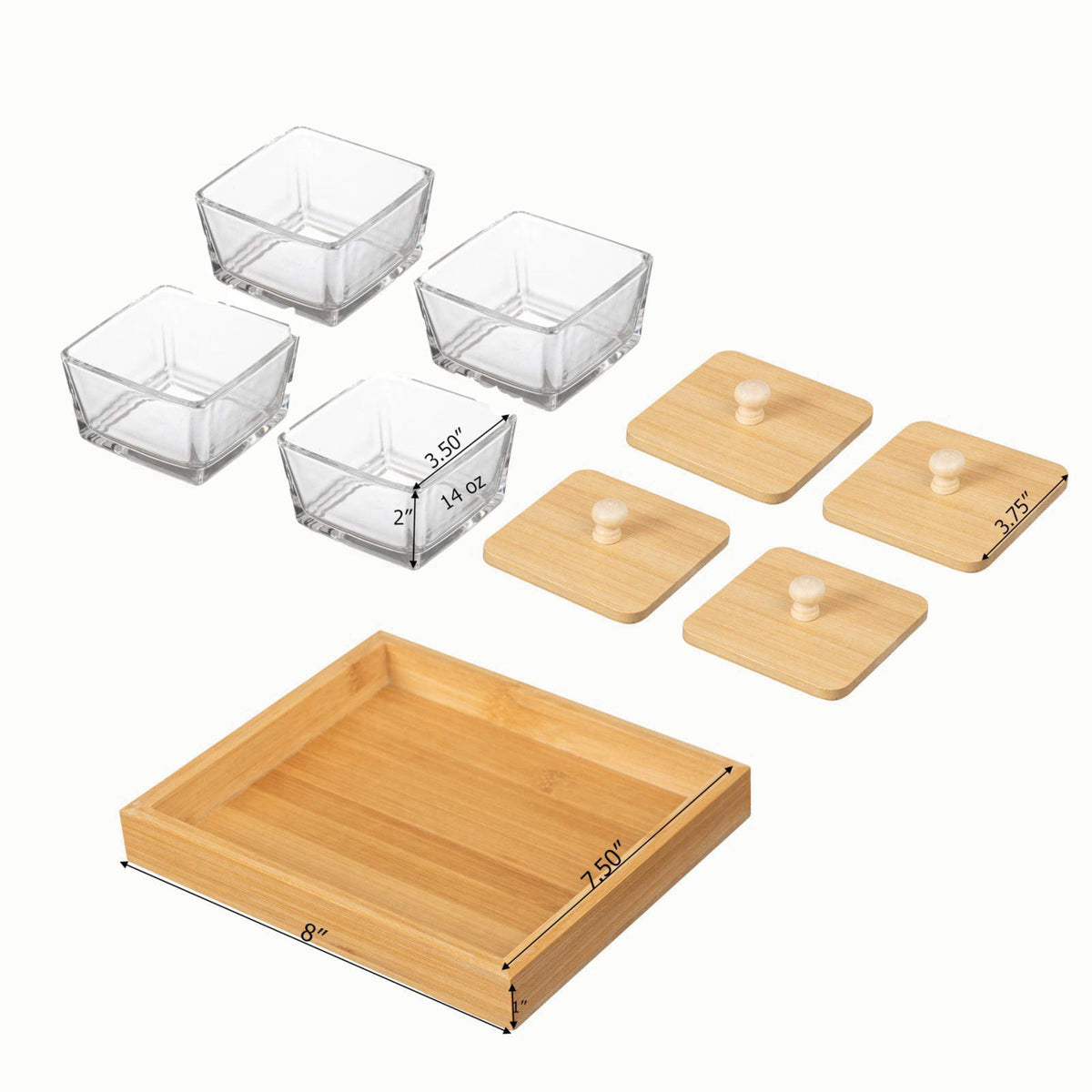 Basicwise Set of 4 Square Glass Jars with Bamboo Lids and Wooden Tray – Square Charcuterie, Snack Organizer and Fruit Pl