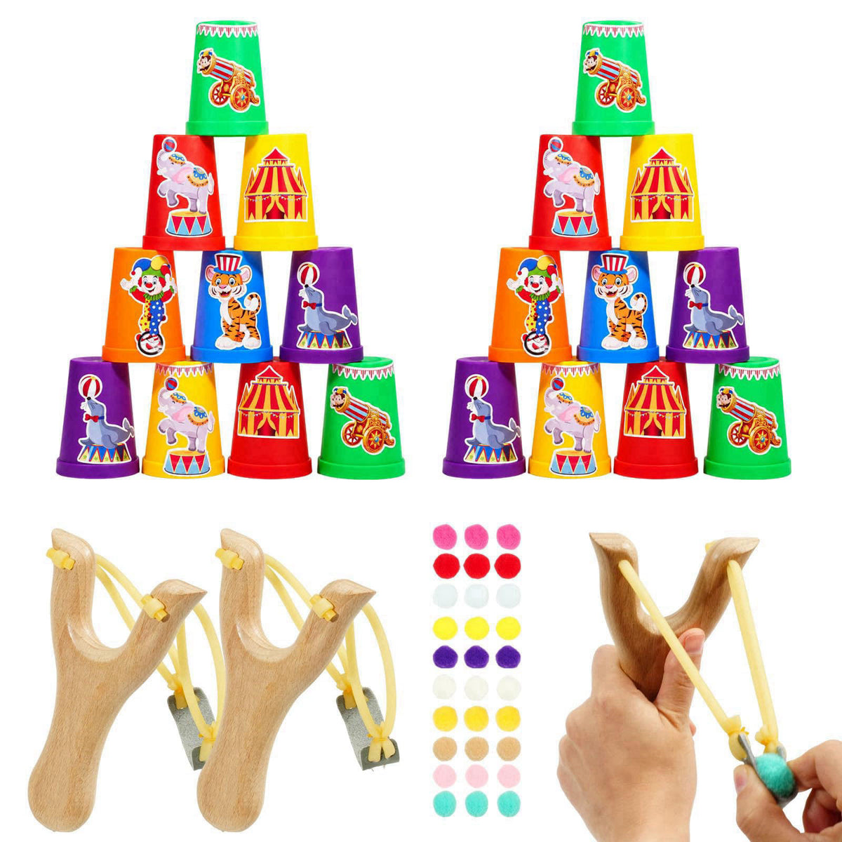 TEASIK Christmas Wooden Slingshot Catapult Kit for Kids,2 Wooden Slingshots,24 Plastic Cups & 30 Pom Poms,Indoor Outdoor
