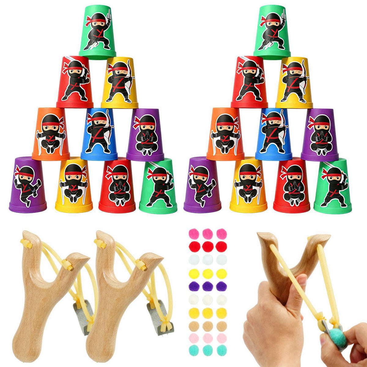TEASIK Christmas Wooden Slingshot Catapult Kit for Kids,2 Wooden Slingshots,24 Plastic Cups & 30 Pom Poms,Indoor Outdoor