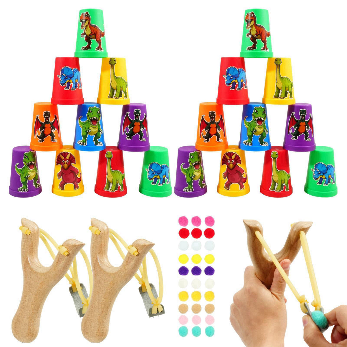 TEASIK Christmas Wooden Slingshot Catapult Kit for Kids,2 Wooden Slingshots,24 Plastic Cups & 30 Pom Poms,Indoor Outdoor