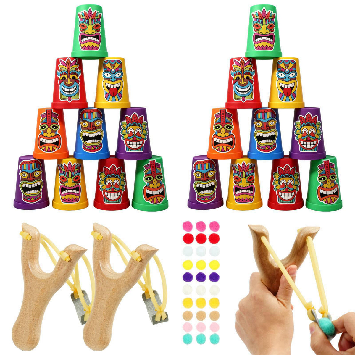 TEASIK Christmas Wooden Slingshot Catapult Kit for Kids,2 Wooden Slingshots,24 Plastic Cups & 30 Pom Poms,Indoor Outdoor