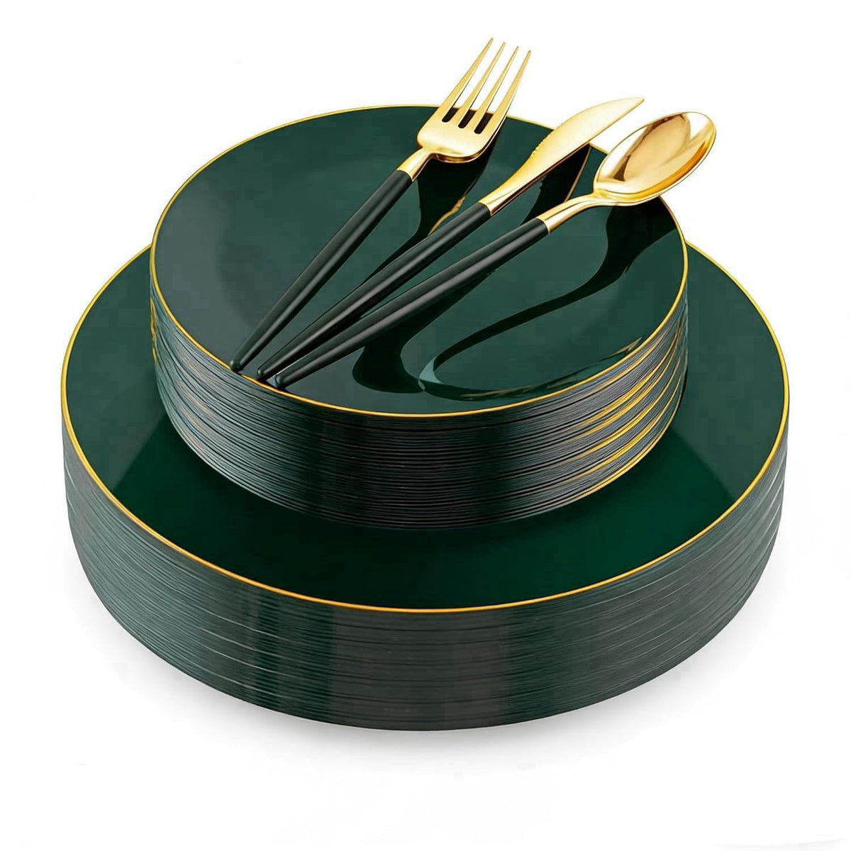 Liacere 150PCS Green Plastic Plates - Gold Plastic Silverware with Green Handle - Heavy Duty Fancy Plastic Plates Dispos