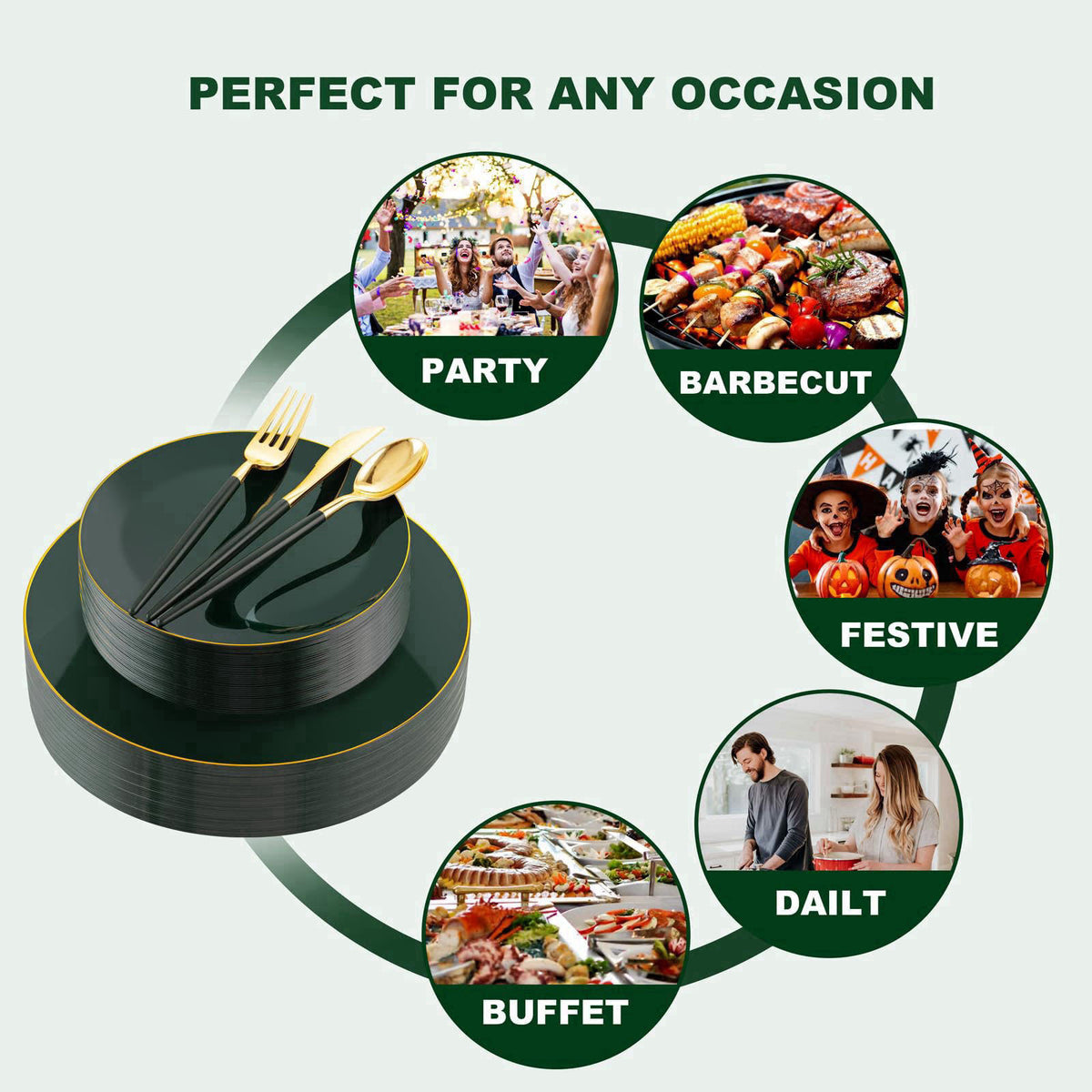 Liacere 150PCS Green Plastic Plates - Gold Plastic Silverware with Green Handle - Heavy Duty Fancy Plastic Plates Dispos