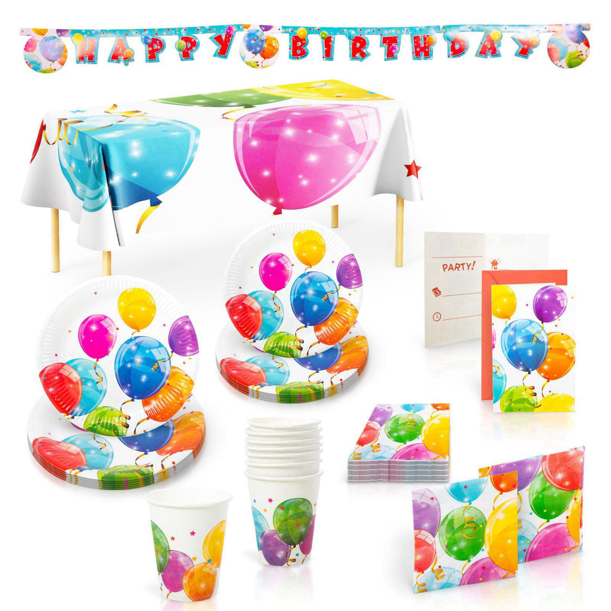 Procos Sparkling Balloon Themed Birthday Party Kit with 8 Large & Small Plates, 8 Cups, 20 Napkins, 6 Invitations, 1 Ban