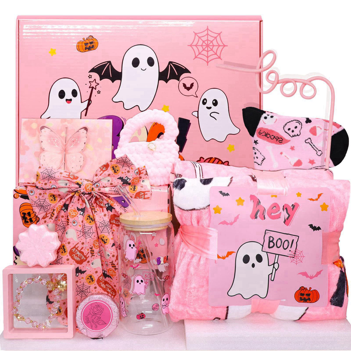 PuffDecoLab Boo Basket Stuffers for Women 10Pcs Halloween Spooky Theme Gift – Pink, Polyester fiber