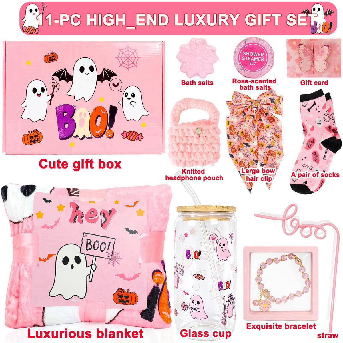PuffDecoLab Boo Basket Stuffers for Women 10Pcs Halloween Spooky Theme Gift – close-up detail in Pink