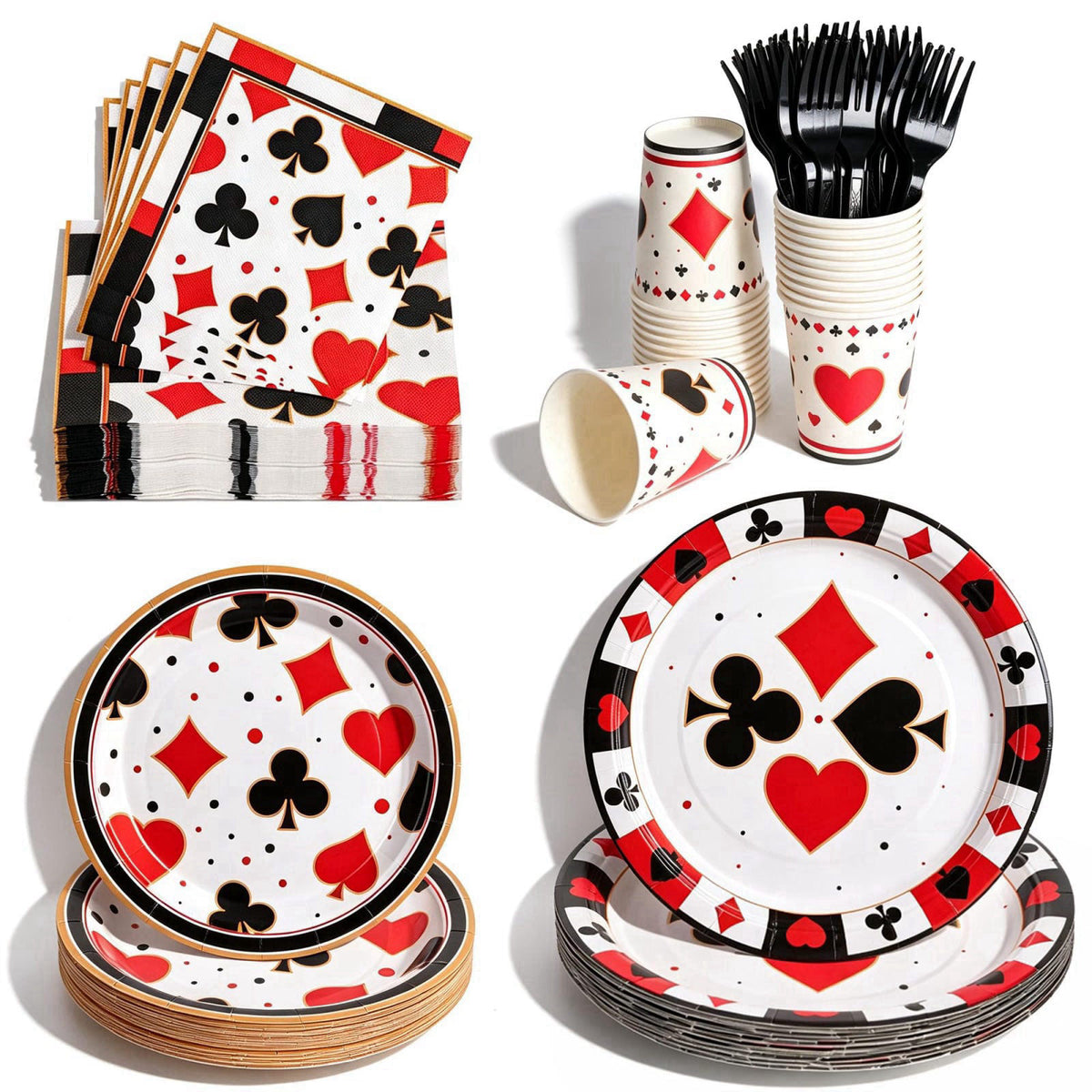 COSINIA 144 Pcs Casino Tableware Set for 24 Guests, Heavy-Duty 7" & 9" Paper Plates, Cups, 2-Ply 13" Napkins