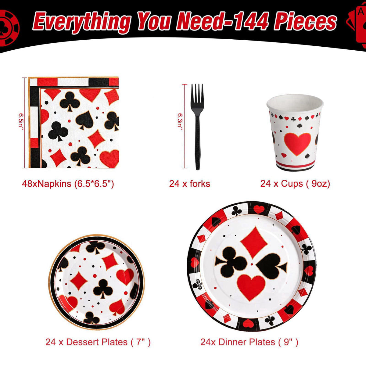 COSINIA 144 Pcs Casino Tableware Set for 24 Guests, Heavy-Duty 7" & 9" Paper Plates, Cups, 2-Ply 13" Napkins
