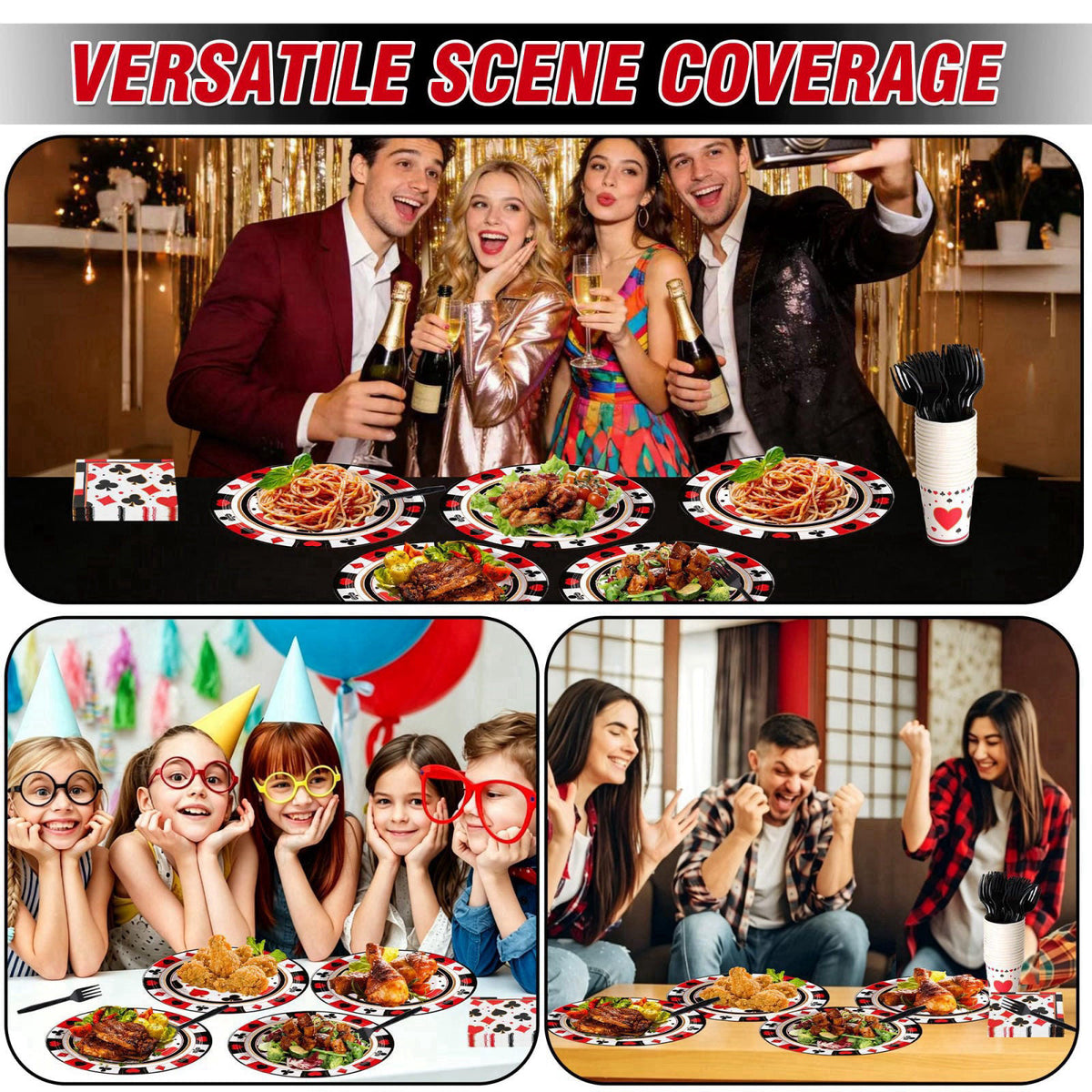 COSINIA 144 Pcs Casino Tableware Set for 24 Guests, Heavy-Duty 7" & 9" Paper Plates, Cups, 2-Ply 13" Napkins