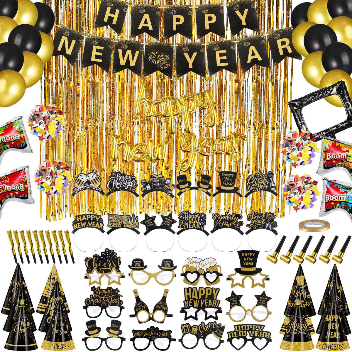 Harrycle 136 Pcs New Years Eve Party Supplies Kit New Year's Eve Party Supply Include Hats Glasses Headbands Blowouts Ba