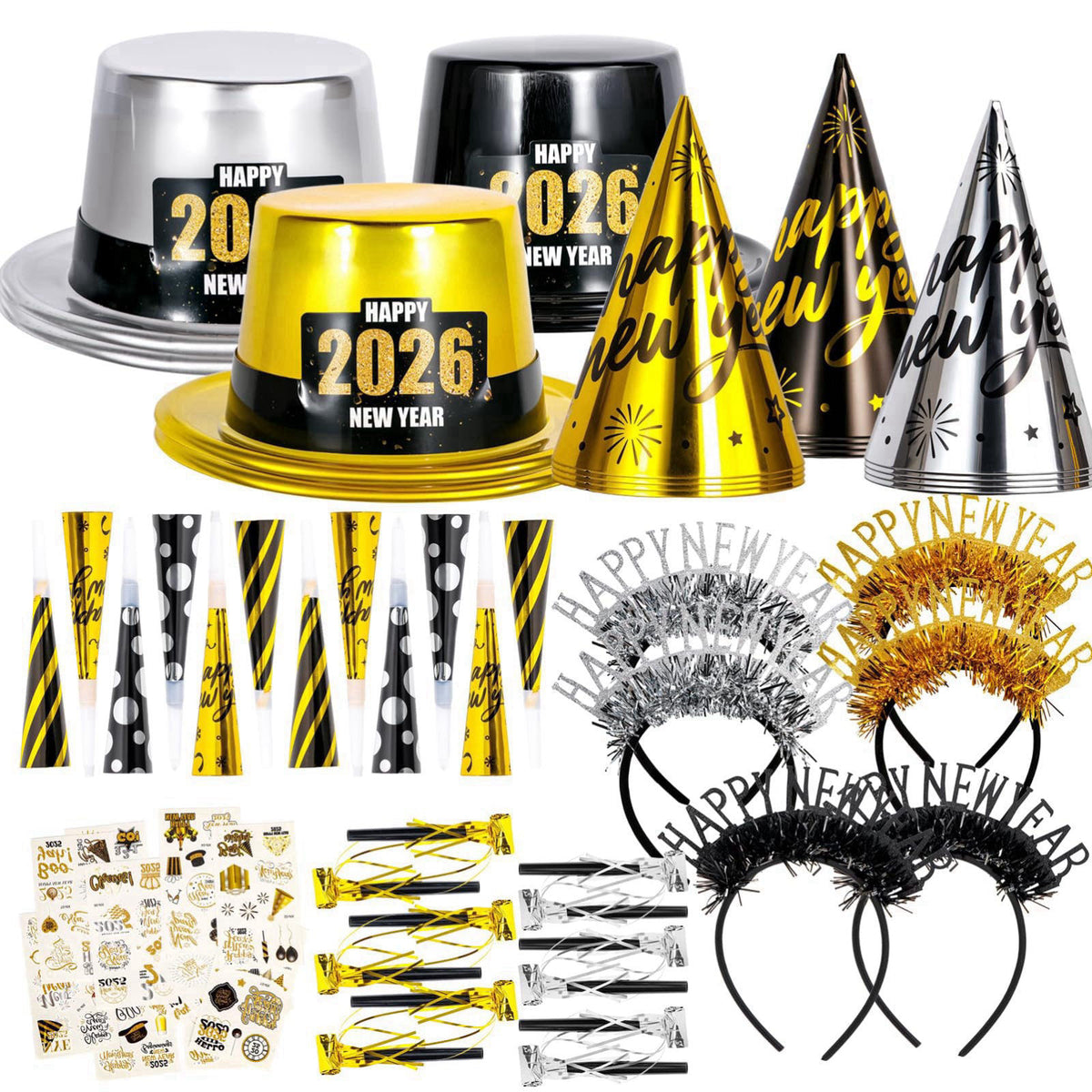 Atonofun 2026 New Years Eve Party Supplies for 24 Guests, 60 Pcs New Year Eve Party Hats and Horns, Headband, Tattoos, B
