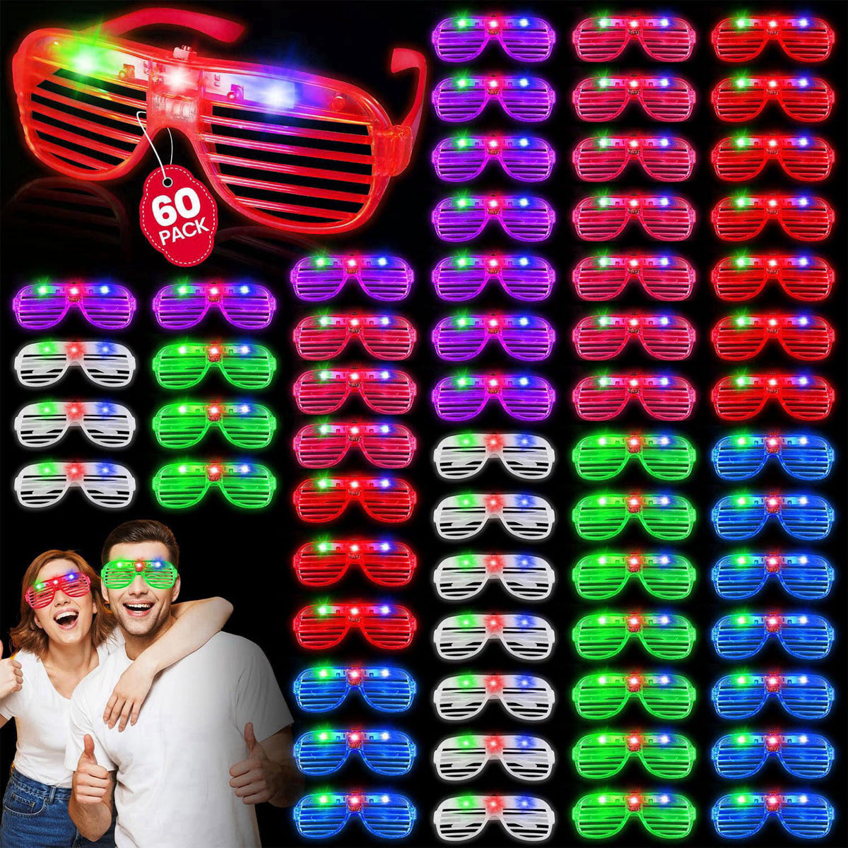 AstrivixDD 60 Pack LED Glasses, 6 Colors, Glow in The Dark Party Supplies – Red, Blue, Green, Pink, Purple, White, Plast