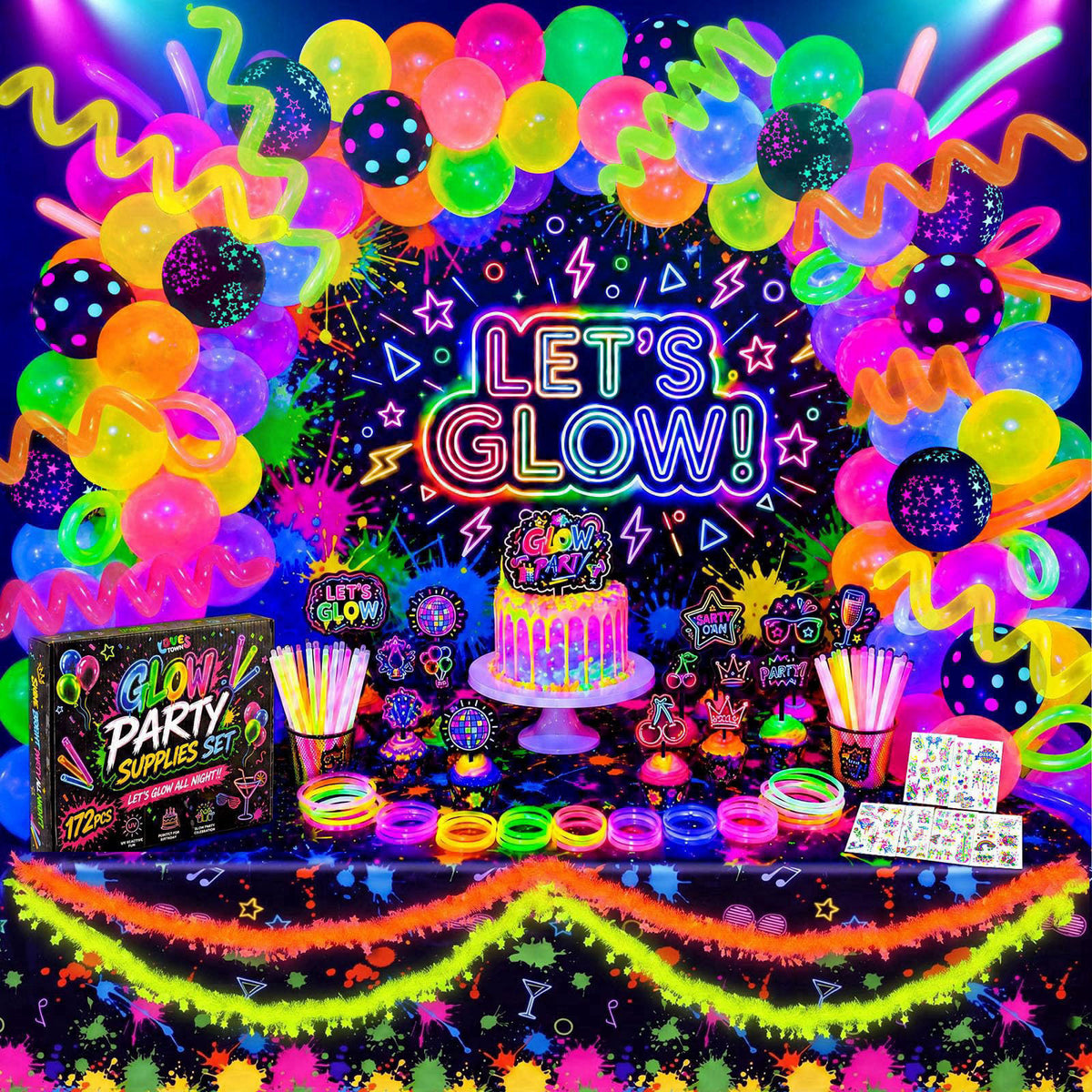 LovesTown 192PCS Glow in The Dark Party Decorations Kit with 113 Balloons – Multi, Latex