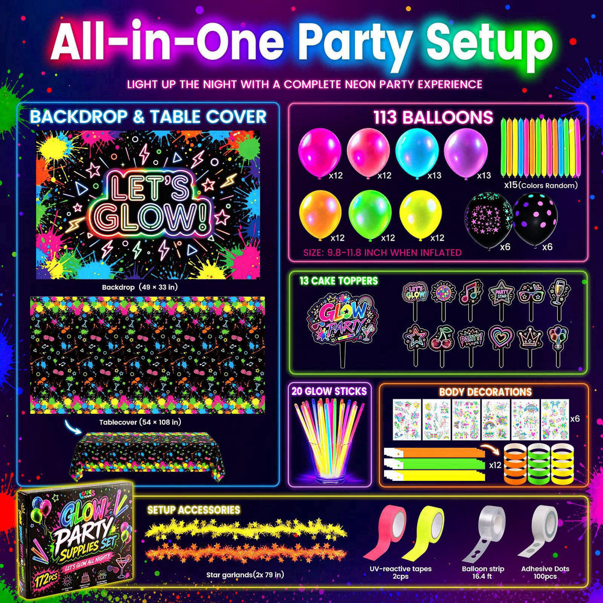 LovesTown 192PCS Glow in The Dark Party Decorations Kit with 113 Balloons – close-up detail in Multi