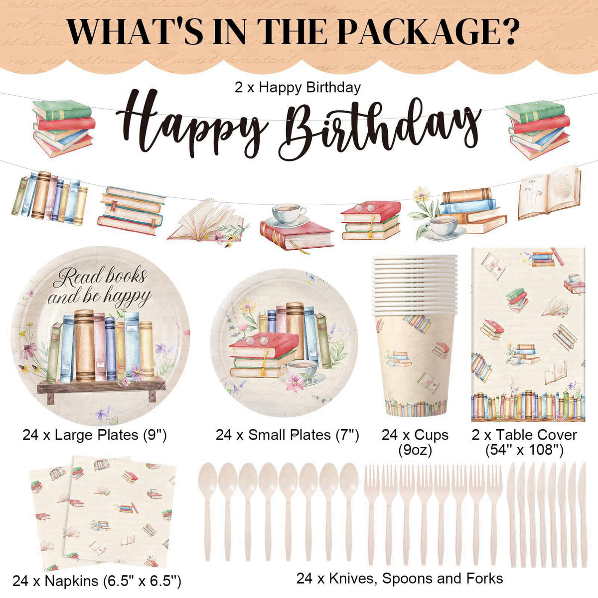 Zhehao 172 Pcs/24 Set Book Themed Birthday Party Tableware – close-up detail