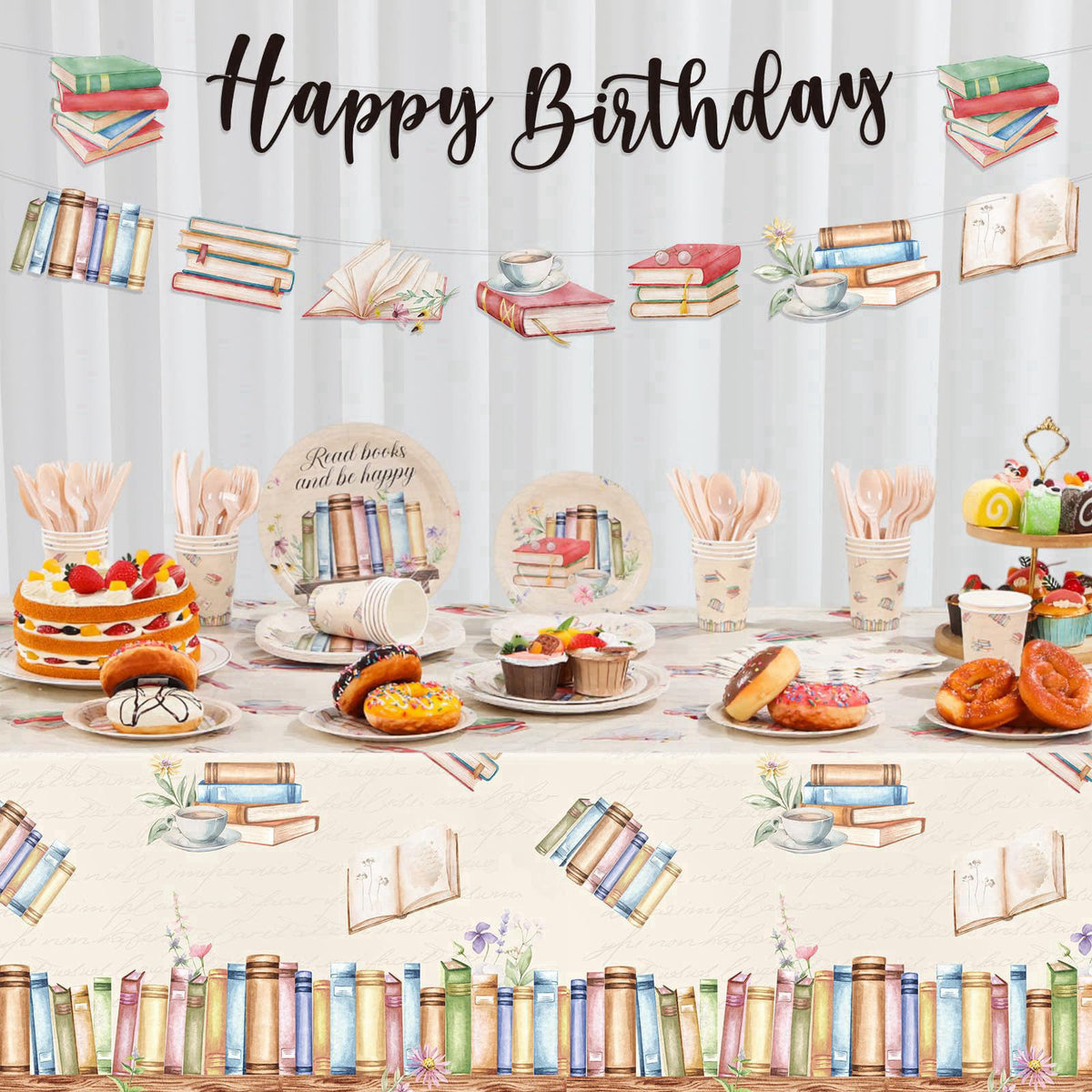 Zhehao 172 Pcs/24 Set Book Themed Birthday Party Tableware – back view and specifications