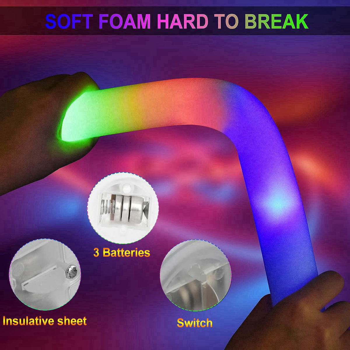 LifBetter Light Up Glow Sticks Bulk, LED Foam Sticks in The Dark with 3 Modes Flashing Led Foam Multicolor Batons Light 