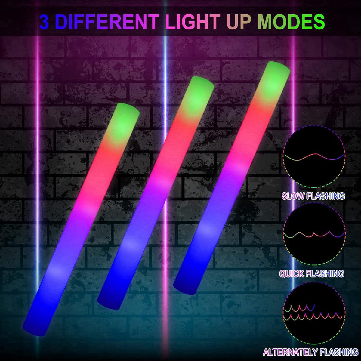 LifBetter Light Up Glow Sticks Bulk, LED Foam Sticks in The Dark with 3 Modes Flashing Led Foam Multicolor Batons Light 