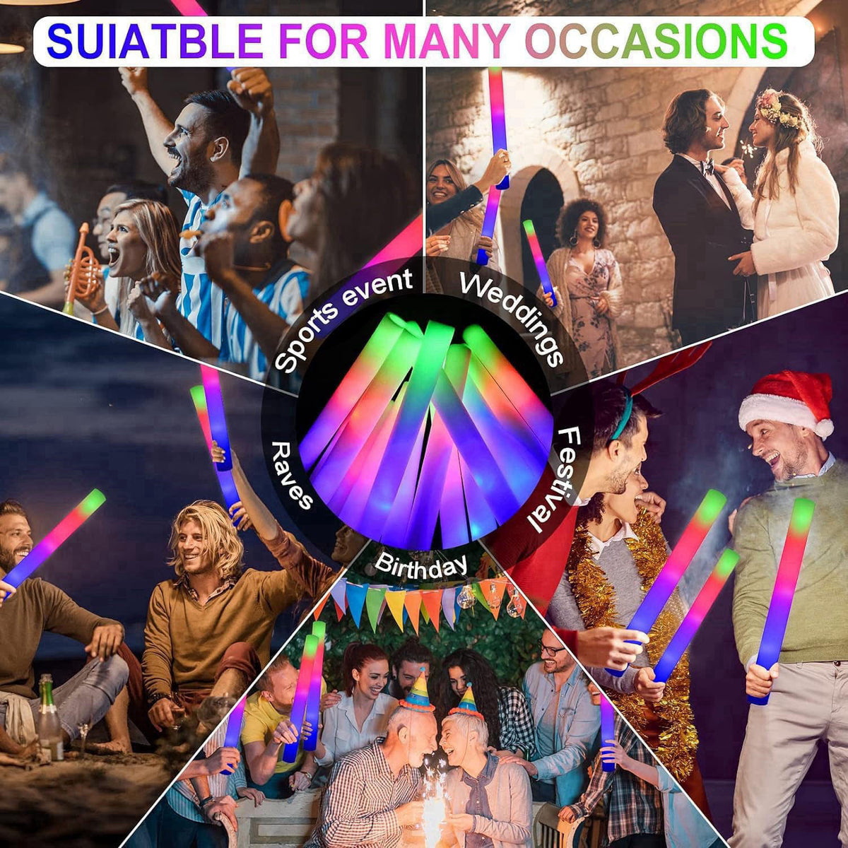 LifBetter Light Up Glow Sticks Bulk, LED Foam Sticks in The Dark with 3 Modes Flashing Led Foam Multicolor Batons Light 