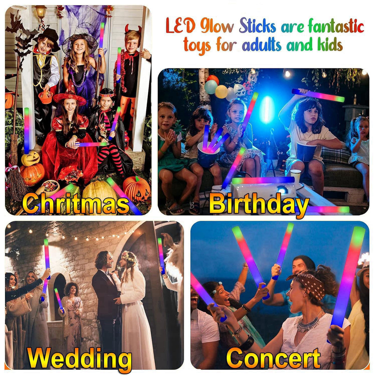 LifBetter Light Up Glow Sticks Bulk, LED Foam Sticks in The Dark with 3 Modes Flashing Led Foam Multicolor Batons Light 