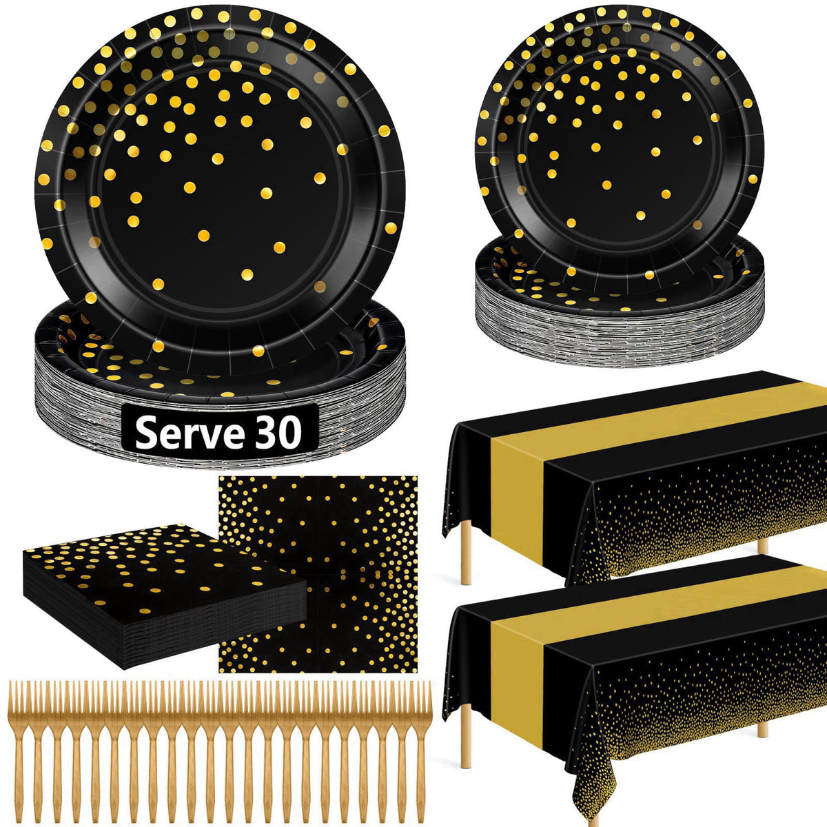 QZYL 122 Pcs Black and Gold Plates and Napkins, Black Plates Disposable for Party, Golden Birthday Tableware Serves 30, 