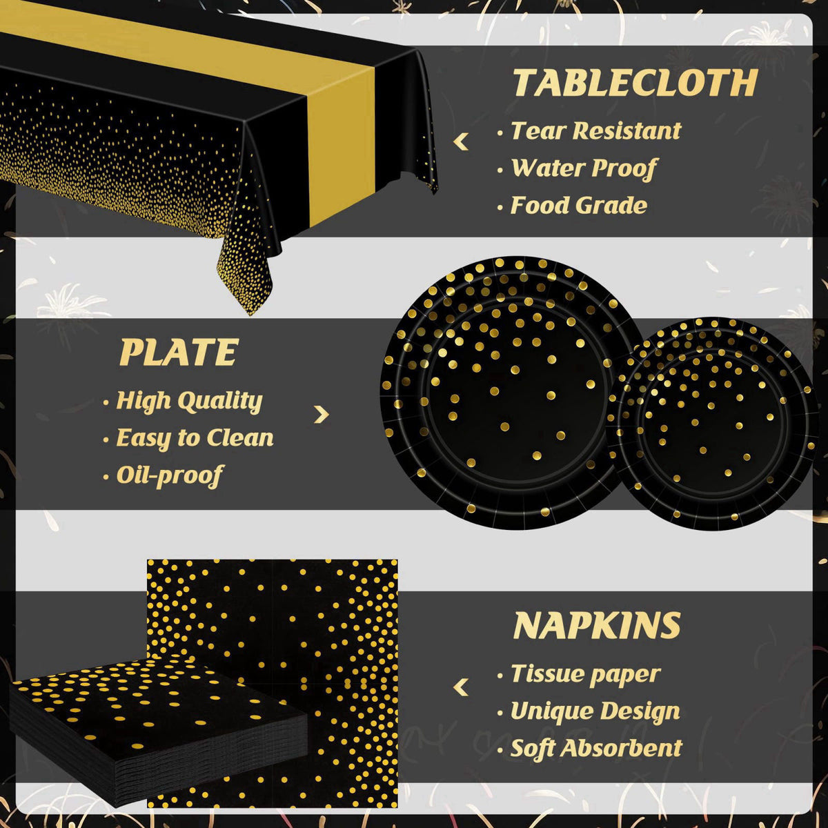 QZYL 122 Pcs Black and Gold Plates and Napkins, Black Plates Disposable for Party, Golden Birthday Tableware Serves 30, 
