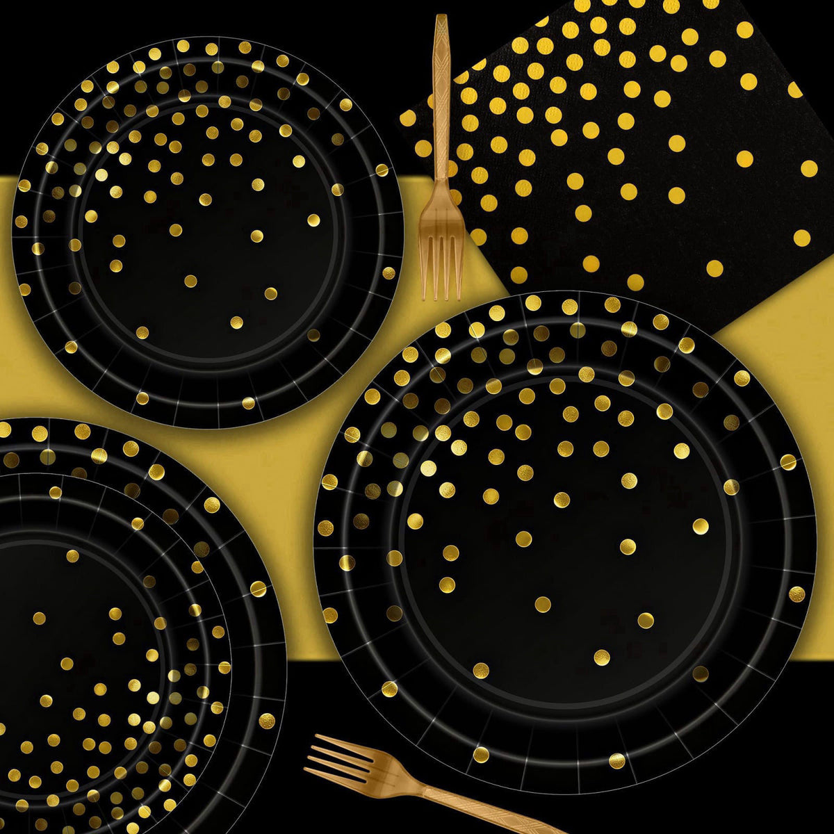 QZYL 122 Pcs Black and Gold Plates and Napkins, Black Plates Disposable for Party, Golden Birthday Tableware Serves 30, 