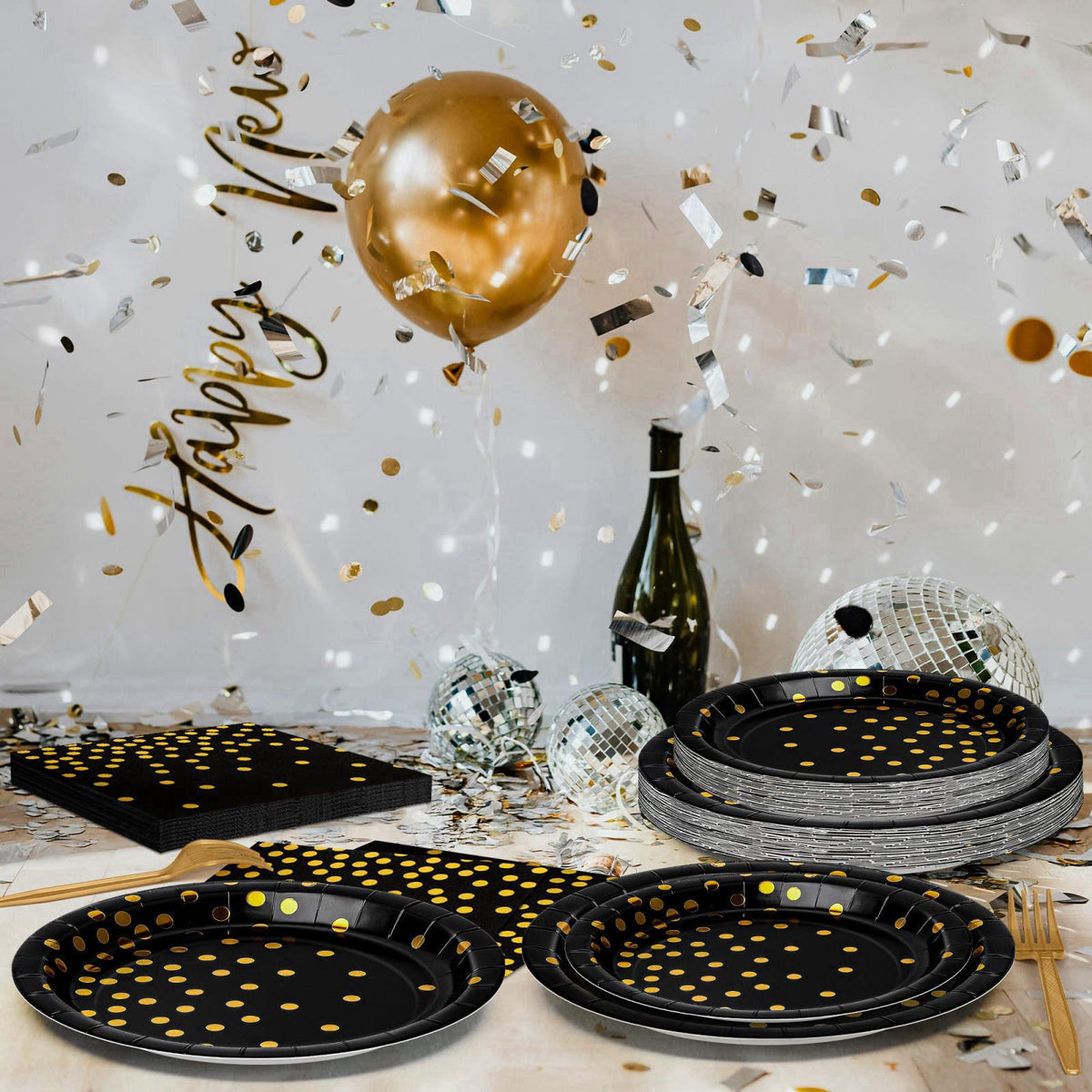 QZYL 122 Pcs Black and Gold Plates and Napkins, Black Plates Disposable for Party, Golden Birthday Tableware Serves 30, 