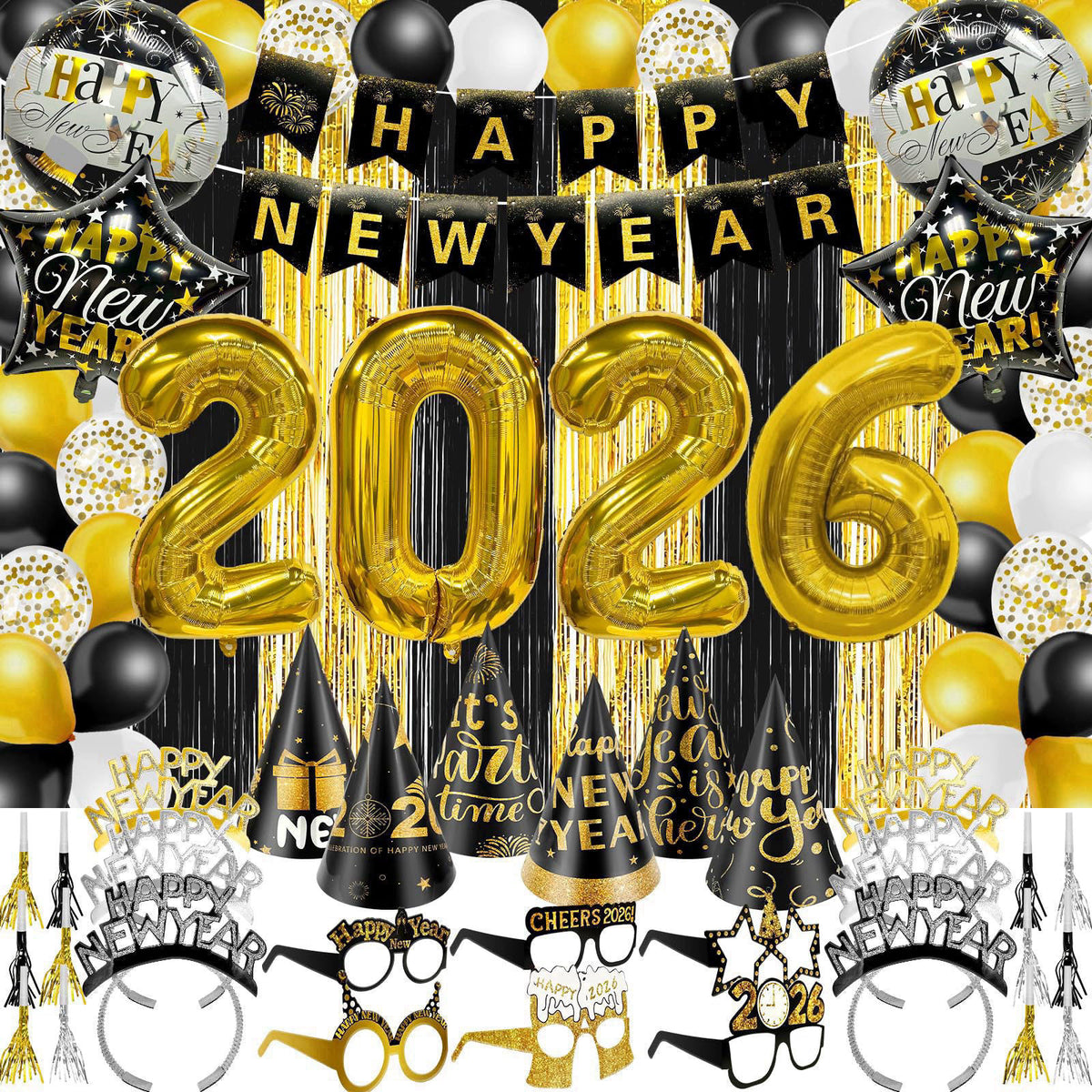 TURNMEON 81 Pcs New Years Eve Party Supplies Happy New Year Decorations Kit Serves 12 Includes 36" Large 2026 Foil B