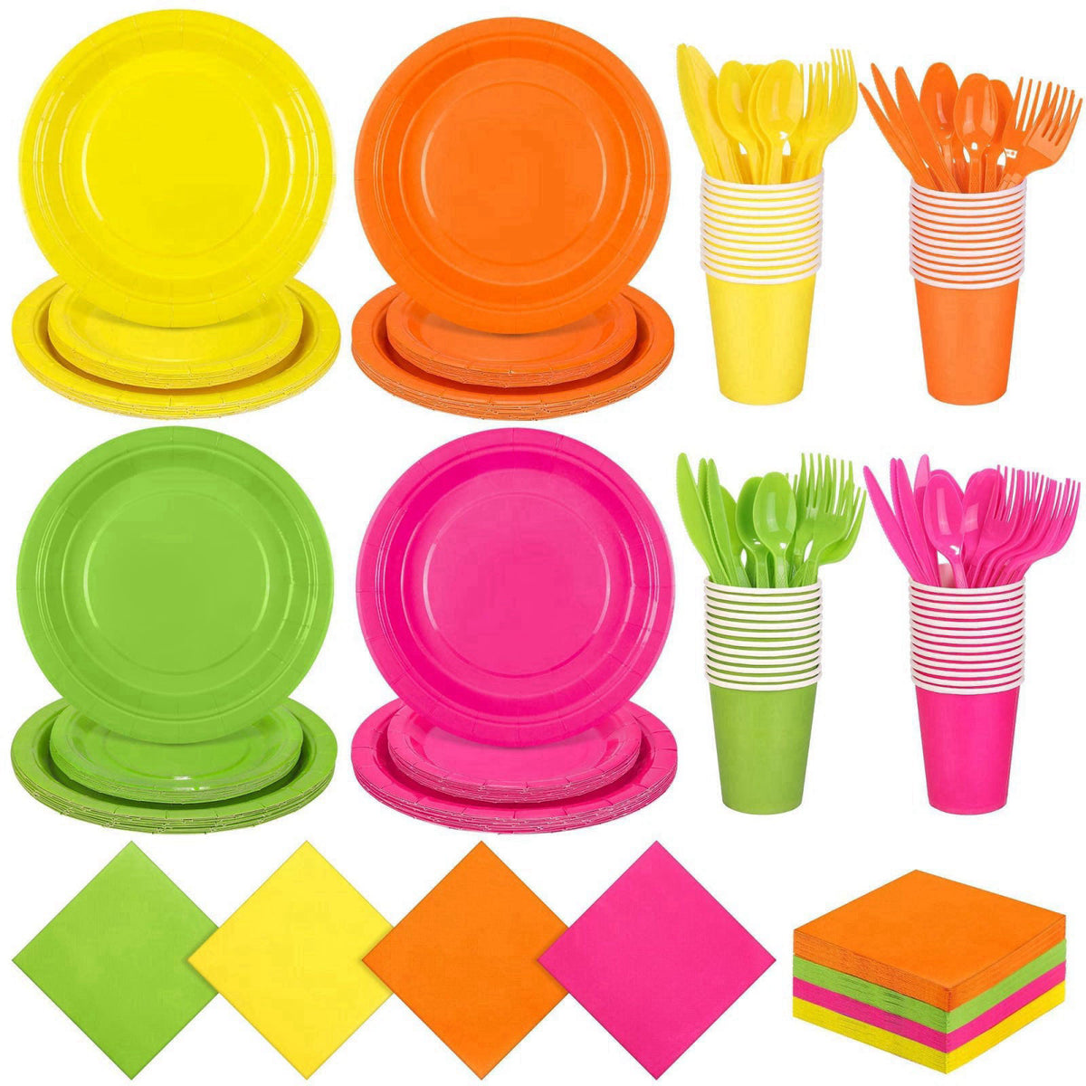 Kochorie 350 Pieces Neon Dinnerware Set, 7 & 9 inch Dessert Paper Plates Cups Napkins Plastic Cutlery Disposable Party S