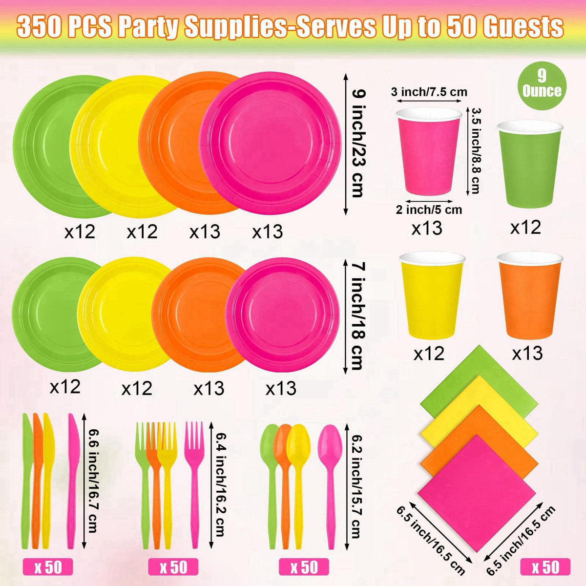 Kochorie 350 Pieces Neon Dinnerware Set, 7 & 9 inch Dessert Paper Plates Cups Napkins Plastic Cutlery Disposable Party S